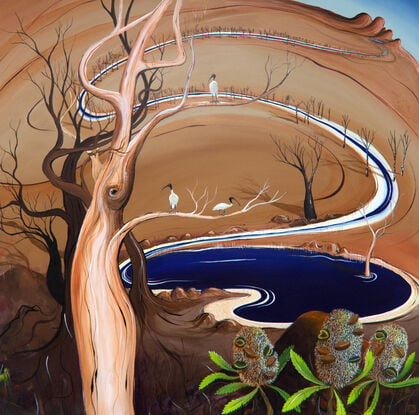 The Watering Hole by Tania Chanter is an abstract landscape painting, the canvas is bathed in warm caramel tones, creating an atmosphere of earthy richness and tranquility. A blue watering hole takes centre stage and trees and ibis birds randomly dot the landscape.