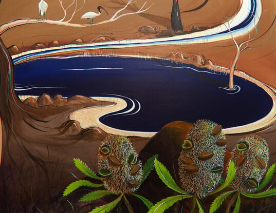 The Watering Hole by Tania Chanter is an abstract landscape painting, the canvas is bathed in warm caramel tones, creating an atmosphere of earthy richness and tranquility. A blue watering hole takes centre stage and trees and ibis birds randomly dot the landscape.