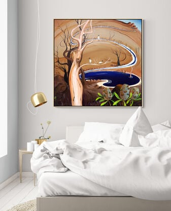 The Watering Hole by Tania Chanter is an abstract landscape painting, the canvas is bathed in warm caramel tones, creating an atmosphere of earthy richness and tranquility. A blue watering hole takes centre stage and trees and ibis birds randomly dot the landscape.