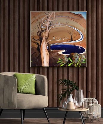 The Watering Hole by Tania Chanter is an abstract landscape painting, the canvas is bathed in warm caramel tones, creating an atmosphere of earthy richness and tranquility. A blue watering hole takes centre stage and trees and ibis birds randomly dot the landscape.