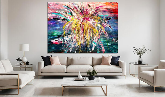 Images show the painting in different lounge rooms