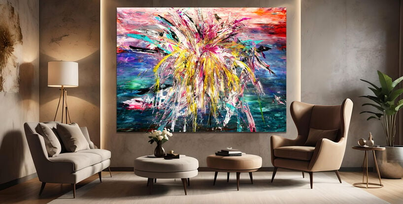 Images show the painting in different lounge rooms