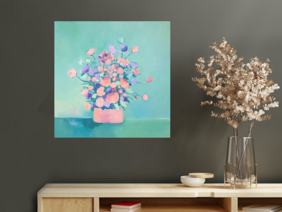 Bunch of flowers in pinks through to blues and turquoises, sitting in a vase,  still life, oil, Lucinda Leveille, original artwork, framed,