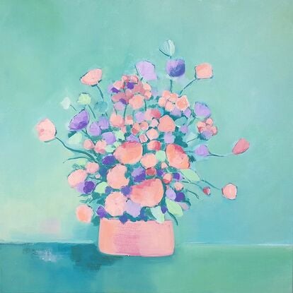 Bunch of flowers in pinks through to blues and turquoises, sitting in a vase,  still life, oil, Lucinda Leveille, original artwork, framed,