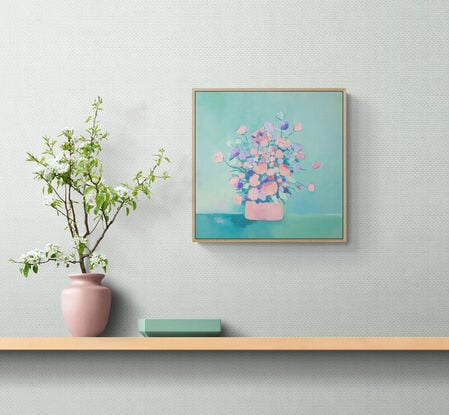 Bunch of flowers in pinks through to blues and turquoises, sitting in a vase,  still life, oil, Lucinda Leveille, original artwork, framed,