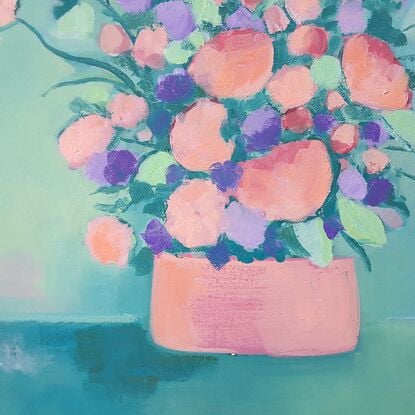 Bunch of flowers in pinks through to blues and turquoises, sitting in a vase,  still life, oil, Lucinda Leveille, original artwork, framed,