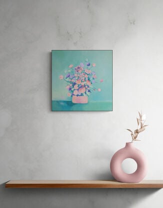 Bunch of flowers in pinks through to blues and turquoises, sitting in a vase,  still life, oil, Lucinda Leveille, original artwork, framed,