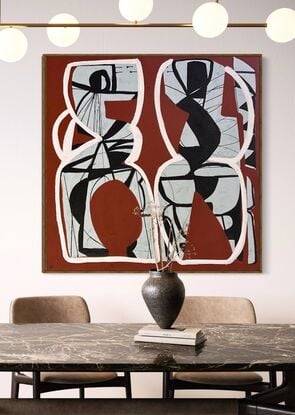 Abstract of two vase like shapes in light grey with fine black line details and white outlines, giving the impression of figures. Morron background.