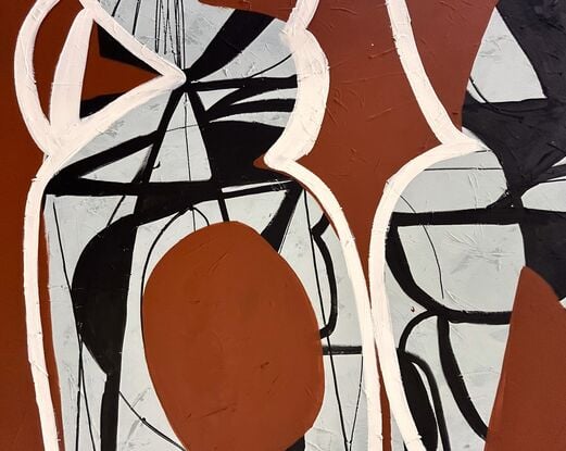 Abstract of two vase like shapes in light grey with fine black line details and white outlines, giving the impression of figures. Morron background.