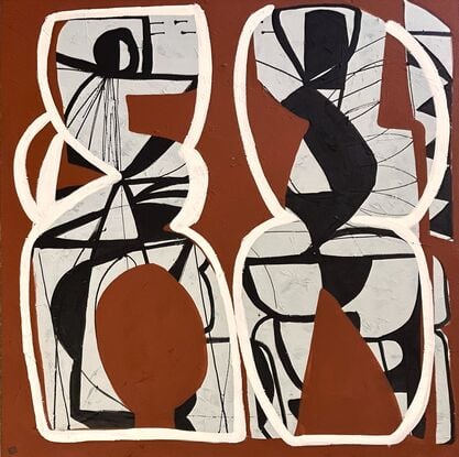 Abstract of two vase like shapes in light grey with fine black line details and white outlines, giving the impression of figures. Morron background.