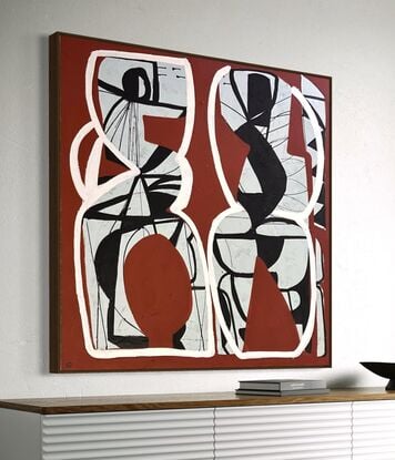 Abstract of two vase like shapes in light grey with fine black line details and white outlines, giving the impression of figures. Morron background.