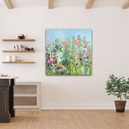 A colourful painting of flowers in a cottage garden. Energetic and textural.