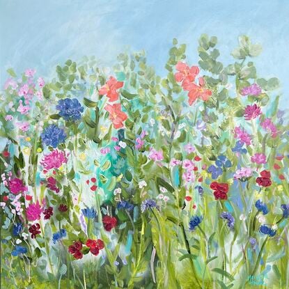 A colourful painting of flowers in a cottage garden. Energetic and textural.