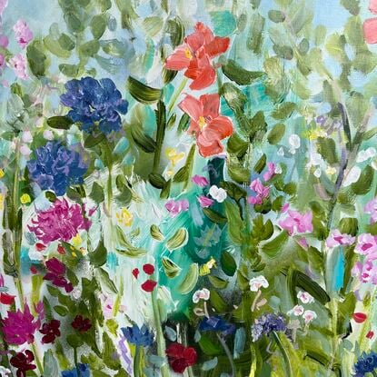 A colourful painting of flowers in a cottage garden. Energetic and textural.