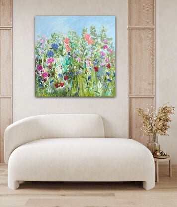 A colourful painting of flowers in a cottage garden. Energetic and textural.