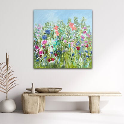 A colourful painting of flowers in a cottage garden. Energetic and textural.