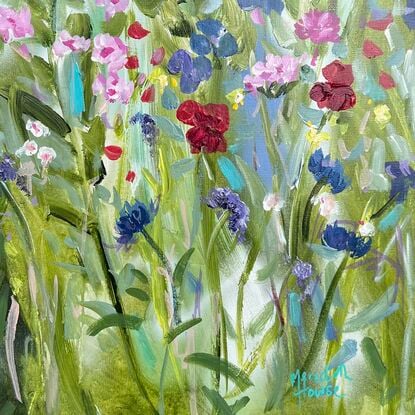 A colourful painting of flowers in a cottage garden. Energetic and textural.