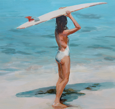 Surfer girl carrying  surfboard 