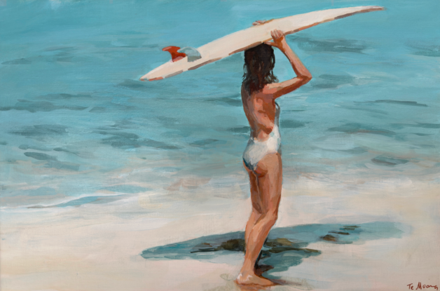 Surfer girl carrying  surfboard 