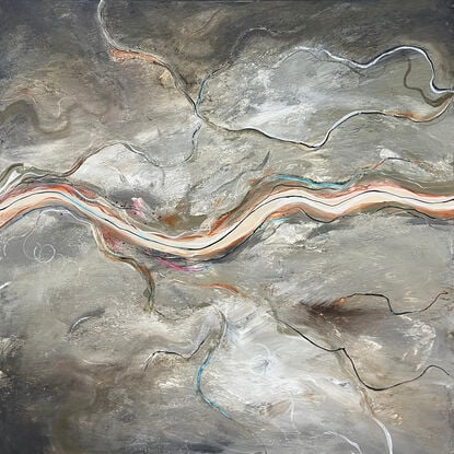 The Soft Light of Dawn is a modern contemporary abstract landscape painting, that  features a textured aerial perspective bathed in soft neutral tones. The composition is marked by a serene river cutting horizontally across the canvas, evoking the quiet stillness of dawn as the first light gently touches the earth. 