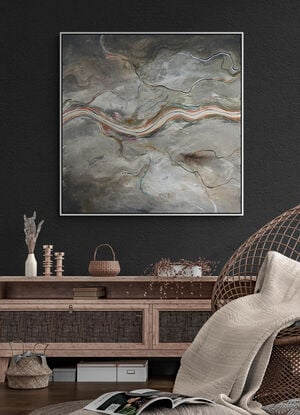 The Soft Light of Dawn is a modern contemporary abstract landscape painting, that  features a textured aerial perspective bathed in soft neutral tones. The composition is marked by a serene river cutting horizontally across the canvas, evoking the quiet stillness of dawn as the first light gently touches the earth. 