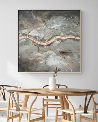 The Soft Light of Dawn is a modern contemporary abstract landscape painting, that  features a textured aerial perspective bathed in soft neutral tones. The composition is marked by a serene river cutting horizontally across the canvas, evoking the quiet stillness of dawn as the first light gently touches the earth. 