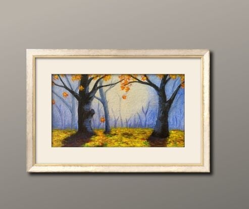 A beautiful misty landscape with golden Autumn leaves falling to the ground. A carpet of yellow and red leaves adorns the pathway. The main colours are blue and gold and the painting invokes a mystical feeling of peace. It would provide a calming, nostalgic feeling in any room.  