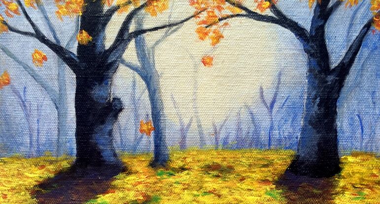 A beautiful misty landscape with golden Autumn leaves falling to the ground. A carpet of yellow and red leaves adorns the pathway. The main colours are blue and gold and the painting invokes a mystical feeling of peace. It would provide a calming, nostalgic feeling in any room.  