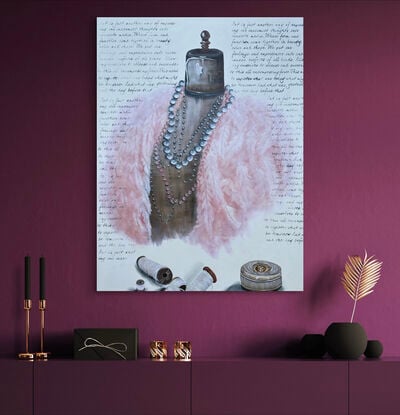 With a love of all things vintage.  This dressmaker's bust depicts soft pinks, pearls and sewing materials.  Painted black sides and ready to hang.