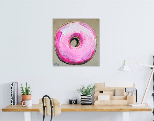 A textural loose pink donut painting