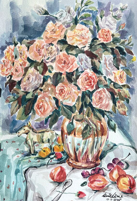 An orange glass vase filled with pink roses in a corner of the home