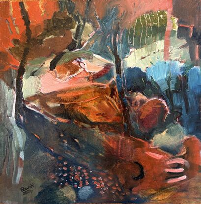 Abstracted landscape; bold colours; depicting rocks and trees; small oil painting on board