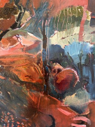 Abstracted landscape; bold colours; depicting rocks and trees; small oil painting on board