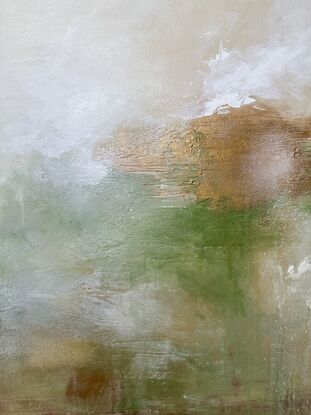 
Olive green, cream and gold abstract with textural elements. Delicate and calming colour palette