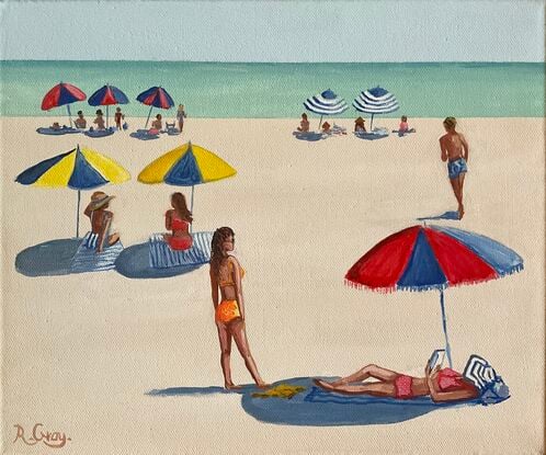 Peope sunbathing on the beach in the sixties under beach umbrellas.