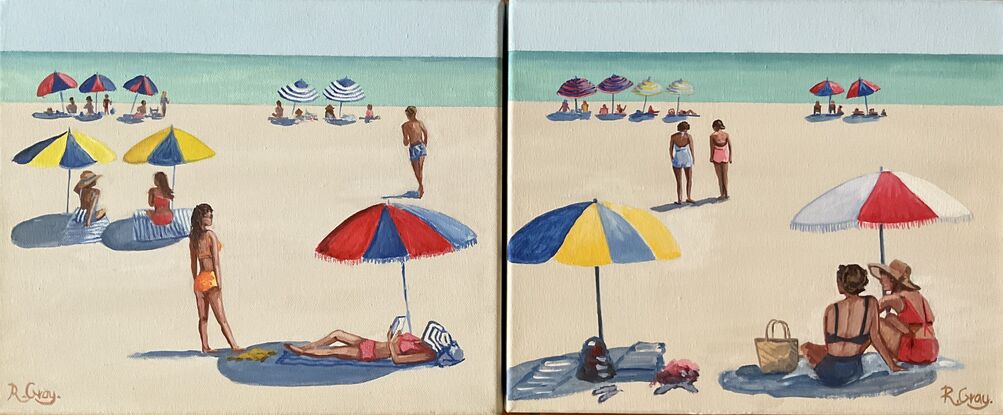 Peope sunbathing on the beach in the sixties under beach umbrellas.