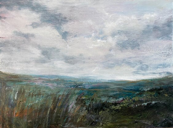 Stylistic landscape horizon view with expressive brushstrokes in greys, aqua and pink tones