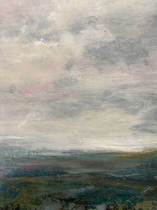 Stylistic landscape horizon view with expressive brushstrokes in greys, aqua and pink tones