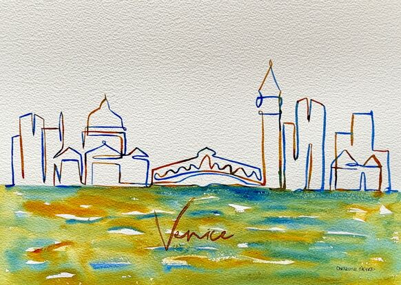 This minimalist watercolour artwork, titled "Venetian Skyline," captures the essence of Venice through a delicate and vibrant line drawing. The skyline features iconic landmarks such as the domes of St. Mark's Basilica and the bell tower of St. Mark’s Campanile, with the famous Rialto Bridge connecting the composition. Subtle, flowing strokes of green, blue, and yellow at the base evoke the surrounding waters, creating a serene and fluid atmosphere. The artist’s delicate use of colour and line work brings to life the historic beauty and charm of Venice in a contemporary, minimalist style.