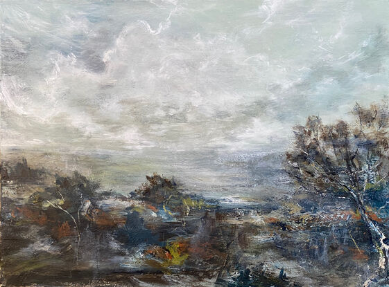 Stylistic landscape horizon view with expressive brushstrokes in greys, aqua and olive tones