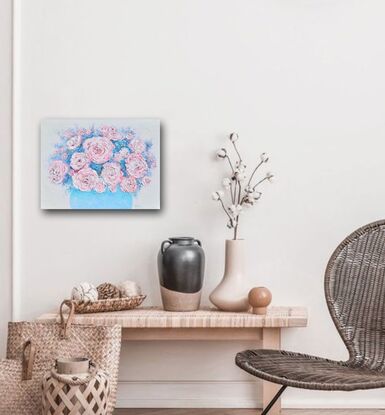 A thickly textured impressionist oil painting of pale pink roses and blue flowers in a blue and white floral  bowl. 