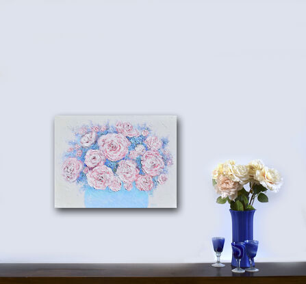 A thickly textured impressionist oil painting of pale pink roses and blue flowers in a blue and white floral  bowl. 