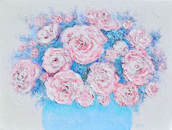 A thickly textured impressionist oil painting of pale pink roses and blue flowers in a blue and white floral  bowl. 