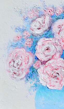 A thickly textured impressionist oil painting of pale pink roses and blue flowers in a blue and white floral  bowl. 