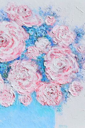 A thickly textured impressionist oil painting of pale pink roses and blue flowers in a blue and white floral  bowl. 