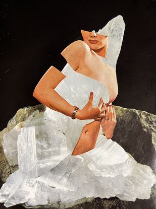 Vintage centrefold collaged over rock crystal formation. The pose of the centrefold is enticing and coquettish. The crystal formation looks like a bridal gown . 