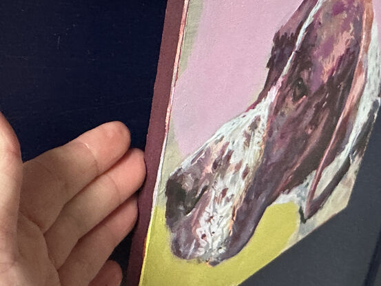 An original painting of an english pointer, painted in louder than life colours, with a pop art feel