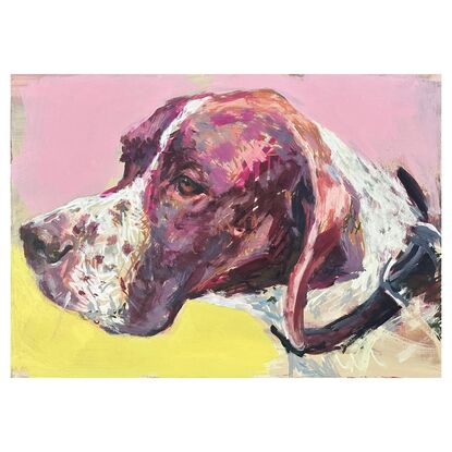 An original painting of an english pointer, painted in louder than life colours, with a pop art feel