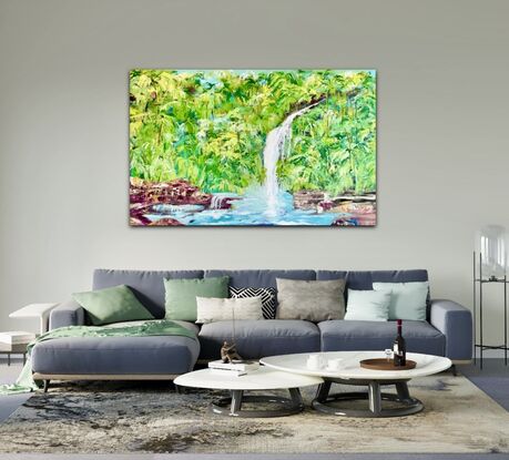 This painting depicts a stunning tropical landscape with a white titanium waterfall cascading down into crisp blue waters. The artist has utilized a variety of greens to create a lush and vibrant scenery, while textured paste adds depth and realism to the rocks below the waterfall. The large canvas size of 152 cm wide x 97 cm high allows viewers to immerse themselves in the serene beauty of this picturesque scene. The play of light and shadow enhances the natural beauty of the landscape, making it a captivating piece of art that evokes a sense of tranquility and awe.
Comes with a Certificate Of Authenticity and varnished to protect the life of the painting and boxed up for  safe delivery to your home 