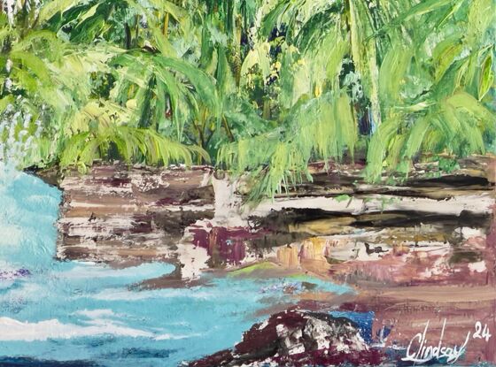 This painting depicts a stunning tropical landscape with a white titanium waterfall cascading down into crisp blue waters. The artist has utilized a variety of greens to create a lush and vibrant scenery, while textured paste adds depth and realism to the rocks below the waterfall. The large canvas size of 152 cm wide x 97 cm high allows viewers to immerse themselves in the serene beauty of this picturesque scene. The play of light and shadow enhances the natural beauty of the landscape, making it a captivating piece of art that evokes a sense of tranquility and awe.
Comes with a Certificate Of Authenticity and varnished to protect the life of the painting and boxed up for  safe delivery to your home 